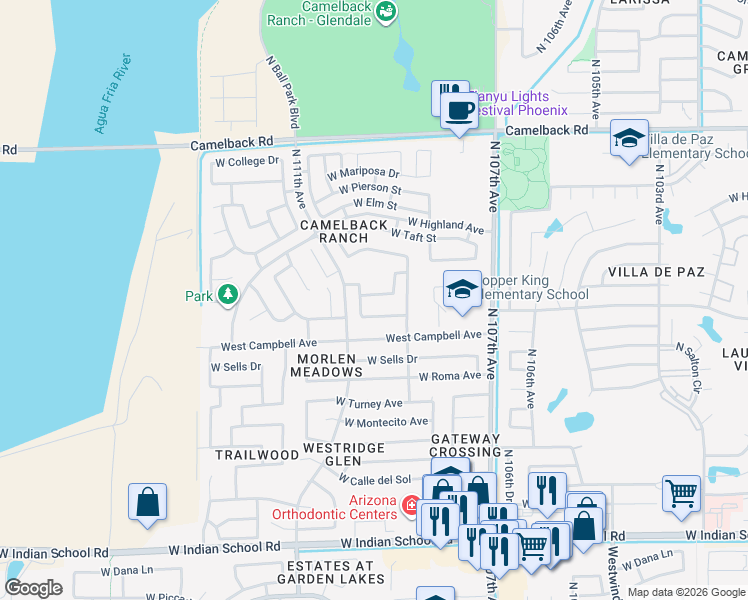 map of restaurants, bars, coffee shops, grocery stores, and more near 10910 West Meadowbrook Avenue in Phoenix