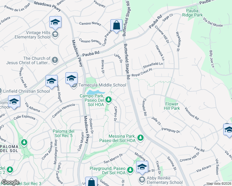 map of restaurants, bars, coffee shops, grocery stores, and more near 32572 Miller Court in Temecula