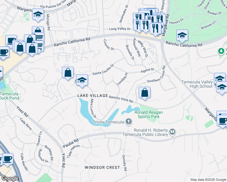 map of restaurants, bars, coffee shops, grocery stores, and more near 42579 Remora Street in Temecula