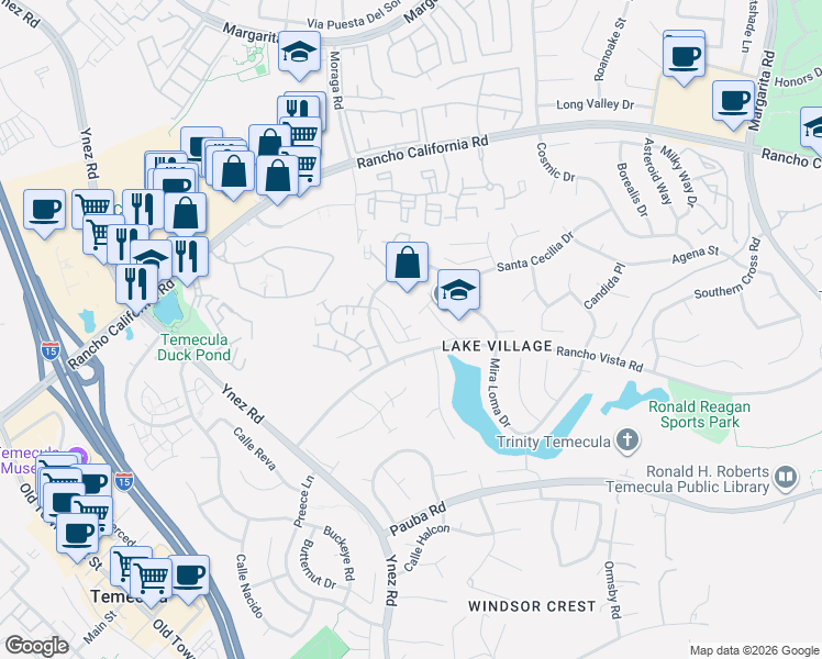 map of restaurants, bars, coffee shops, grocery stores, and more near 42712 Azure Street in Temecula