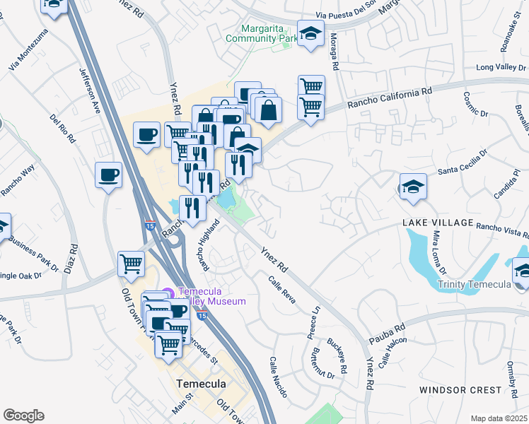 map of restaurants, bars, coffee shops, grocery stores, and more near 29375 Rancho California Rd in Temecula