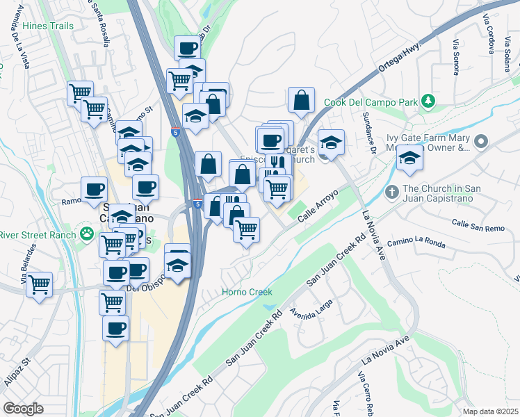 map of restaurants, bars, coffee shops, grocery stores, and more near 31748 Rancho Viejo Road in San Juan Capistrano