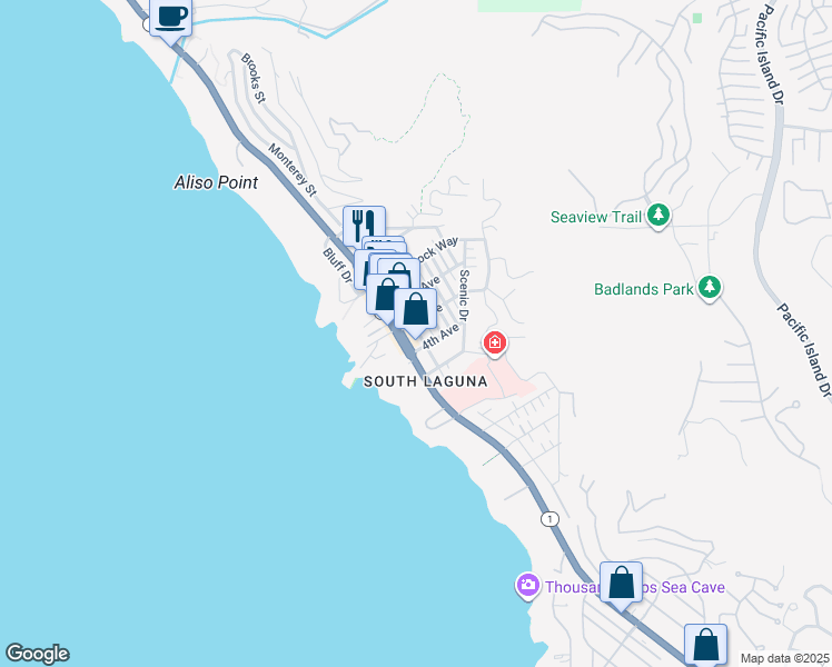 map of restaurants, bars, coffee shops, grocery stores, and more near 31702 Coast Highway in Laguna Beach