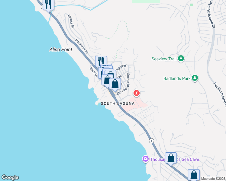map of restaurants, bars, coffee shops, grocery stores, and more near 31702 Coast Highway in Laguna Beach