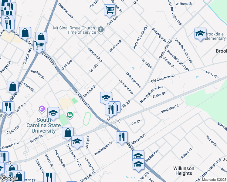 map of restaurants, bars, coffee shops, grocery stores, and more near 1329 State Road S-38-1907 in Orangeburg