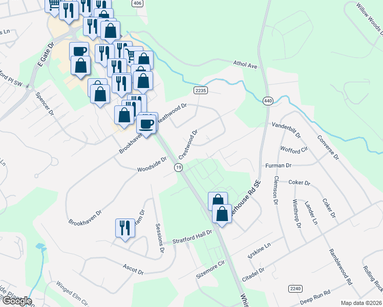 map of restaurants, bars, coffee shops, grocery stores, and more near 110 Crestwood Drive in Aiken