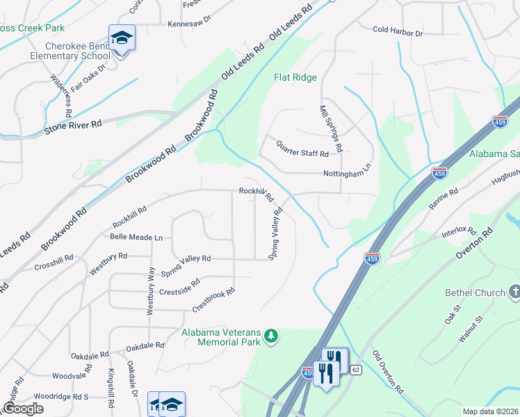 map of restaurants, bars, coffee shops, grocery stores, and more near 3705 Rockhill Road in Birmingham