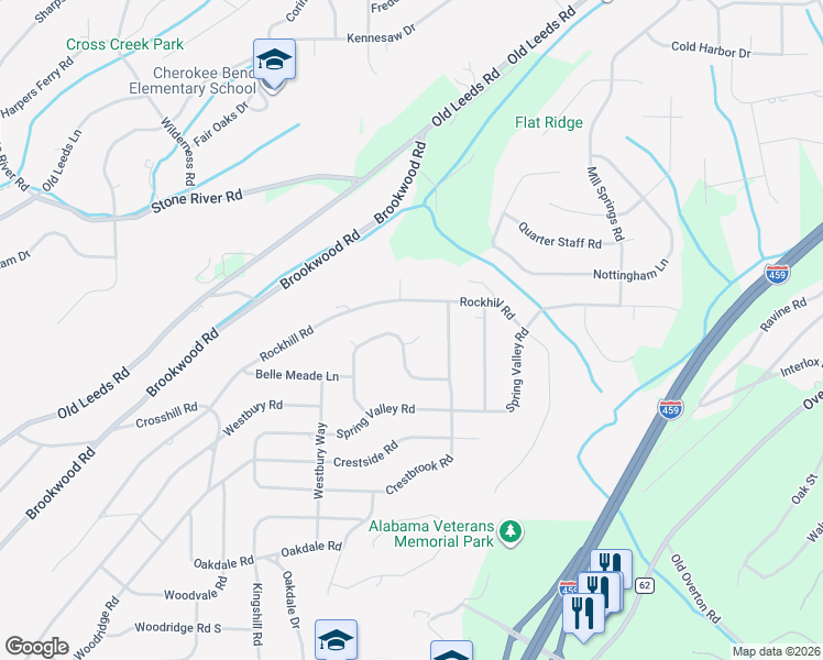 map of restaurants, bars, coffee shops, grocery stores, and more near 3679 Rockhill Road in Birmingham