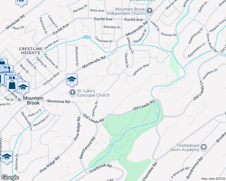 map of restaurants, bars, coffee shops, grocery stores, and more near 3851 Glencoe Drive in Birmingham