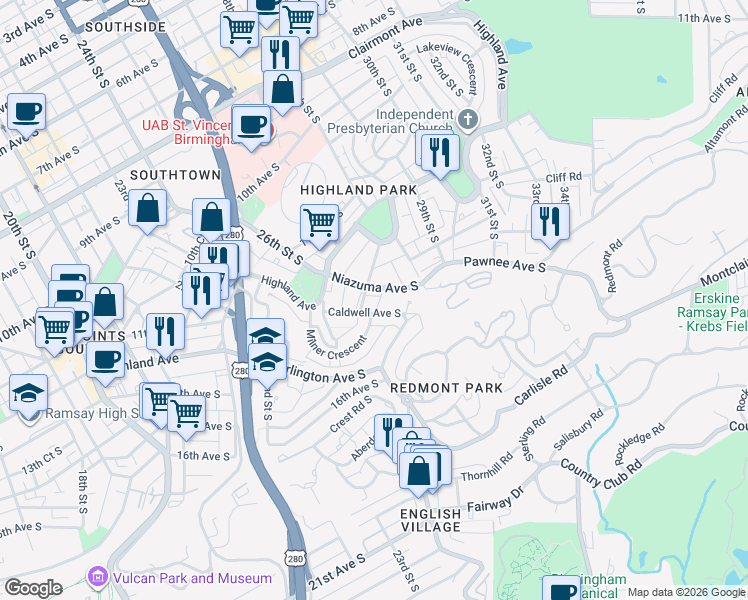 map of restaurants, bars, coffee shops, grocery stores, and more near 1301 27th Place South in Birmingham