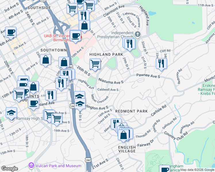 map of restaurants, bars, coffee shops, grocery stores, and more near 1301 27th Place South in Birmingham