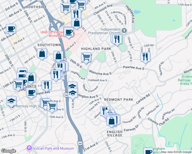 map of restaurants, bars, coffee shops, grocery stores, and more near 1301 27th Place South in Birmingham