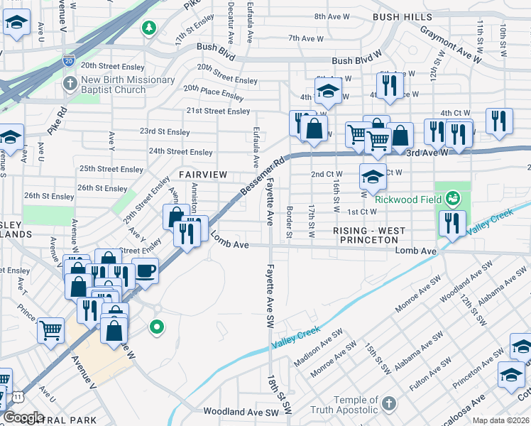 map of restaurants, bars, coffee shops, grocery stores, and more near 3021 Fayette Avenue in Birmingham