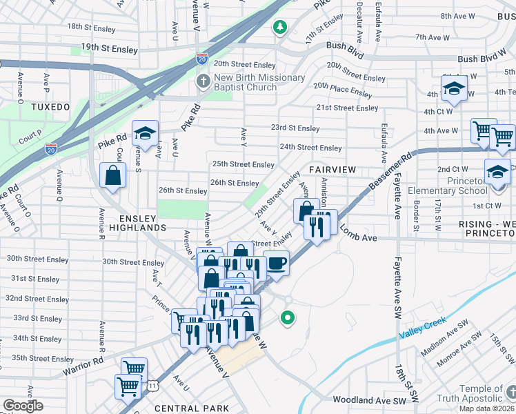 map of restaurants, bars, coffee shops, grocery stores, and more near 2516 29th Street Ensley in Birmingham