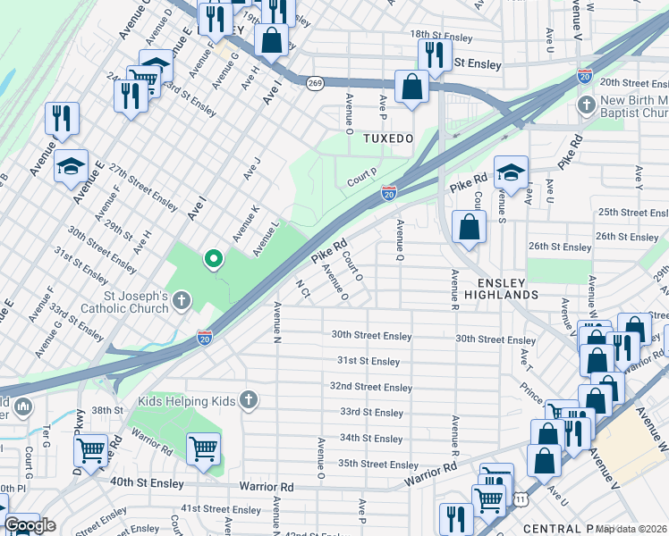 map of restaurants, bars, coffee shops, grocery stores, and more near 1522 27th Street Ensley in Birmingham