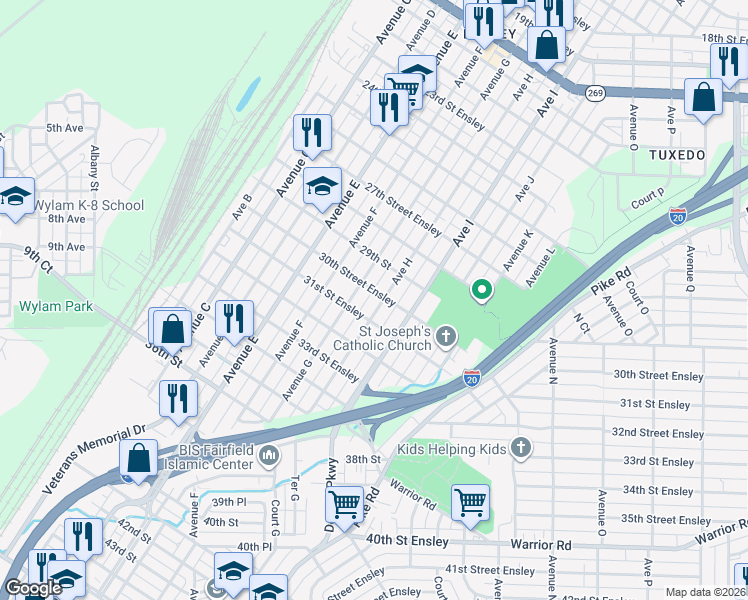 map of restaurants, bars, coffee shops, grocery stores, and more near 2918 Avenue H in Birmingham