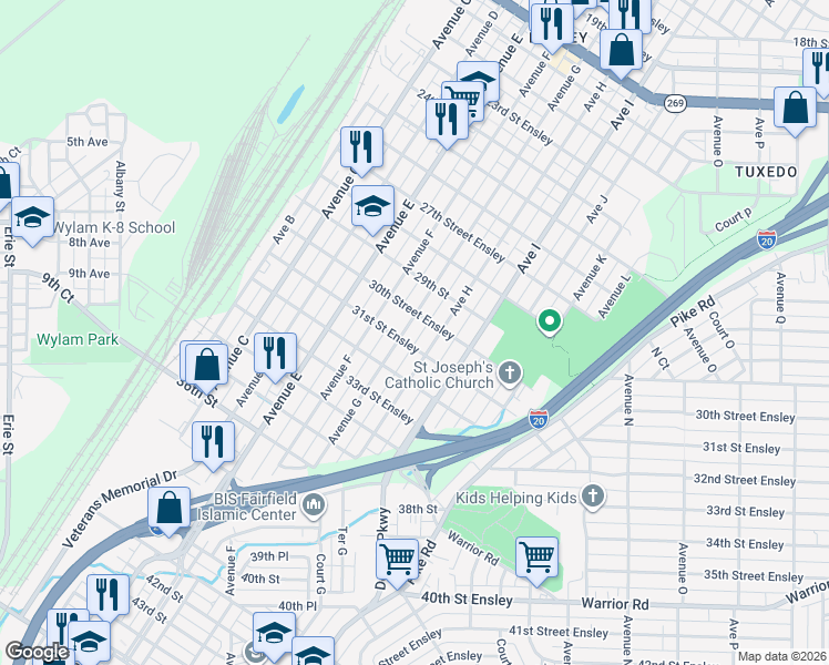 map of restaurants, bars, coffee shops, grocery stores, and more near 3008 Avenue G in Birmingham