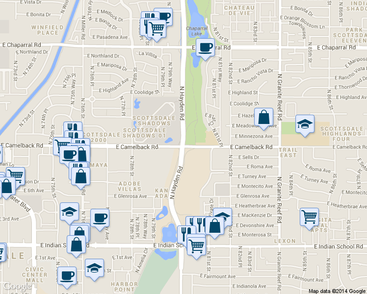 map of restaurants, bars, coffee shops, grocery stores, and more near 7979 East Camelback Road in Scottsdale
