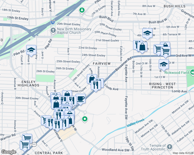 map of restaurants, bars, coffee shops, grocery stores, and more near 2709 30th Street Ensley in Birmingham
