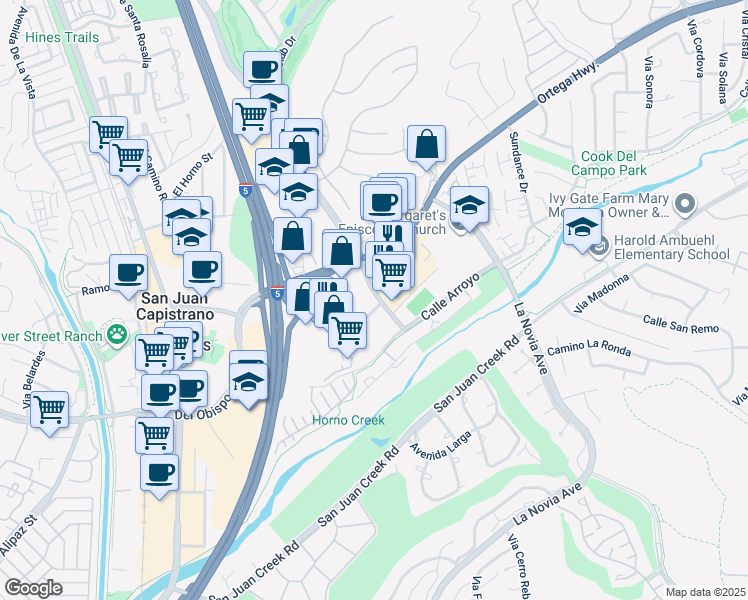 map of restaurants, bars, coffee shops, grocery stores, and more near 31990 Paseo Deriva in San Juan Capistrano