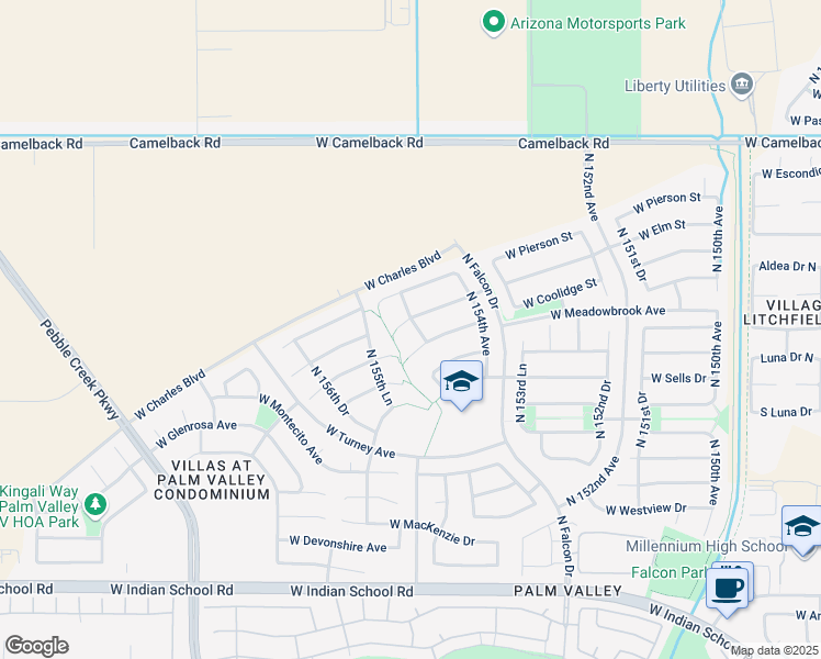 map of restaurants, bars, coffee shops, grocery stores, and more near 15477 West Meadowbrook Avenue in Goodyear