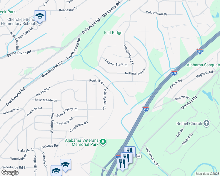 map of restaurants, bars, coffee shops, grocery stores, and more near 3863 Spring Valley Road in Birmingham