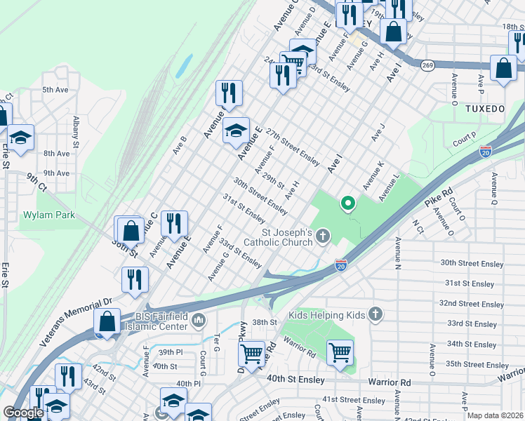 map of restaurants, bars, coffee shops, grocery stores, and more near 3008 Avenue G in Birmingham