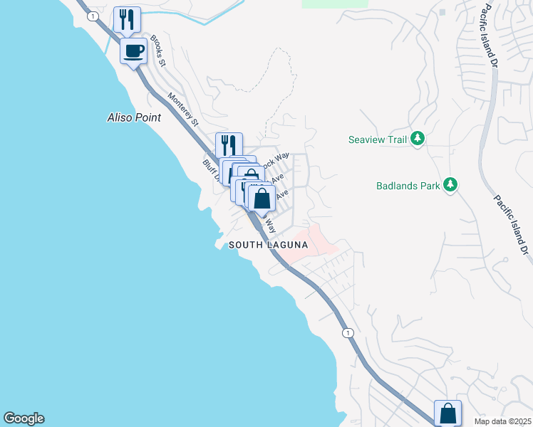 map of restaurants, bars, coffee shops, grocery stores, and more near 31728 Virginia Way in Laguna Beach