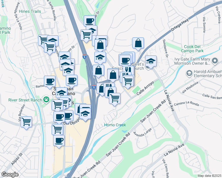 map of restaurants, bars, coffee shops, grocery stores, and more near 31645 Rancho Viejo Road in San Juan Capistrano