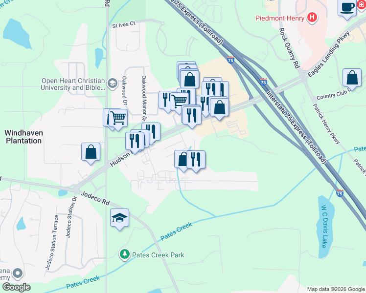 map of restaurants, bars, coffee shops, grocery stores, and more near 151 Hudson Bridge Terrace in Stockbridge