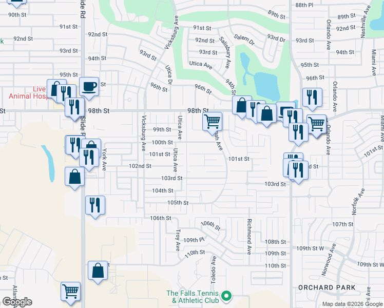 map of restaurants, bars, coffee shops, grocery stores, and more near 5416 101st Street in Lubbock
