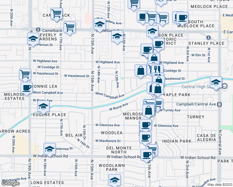 map of restaurants, bars, coffee shops, grocery stores, and more near 4515 North 12th Avenue in Phoenix