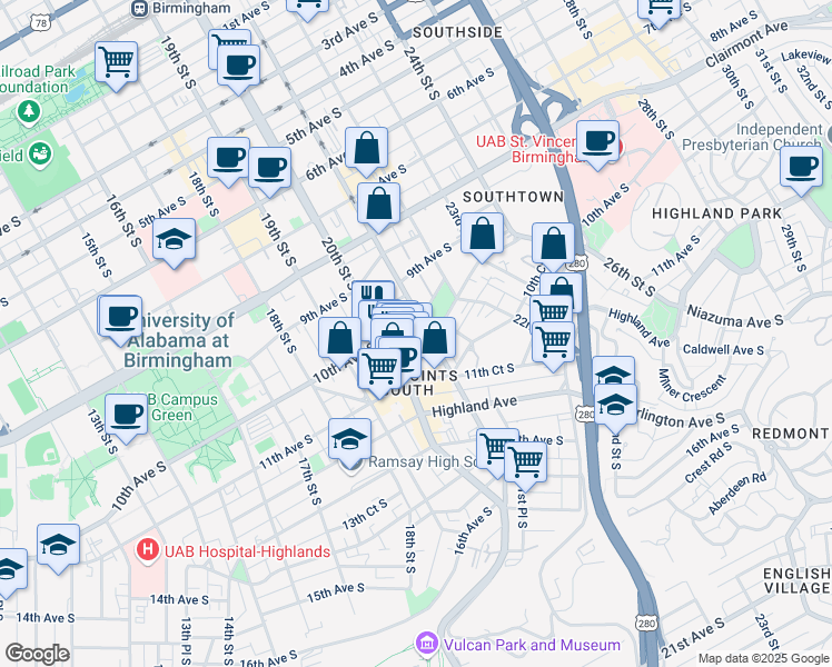 map of restaurants, bars, coffee shops, grocery stores, and more near 2021 10th Avenue South in Birmingham