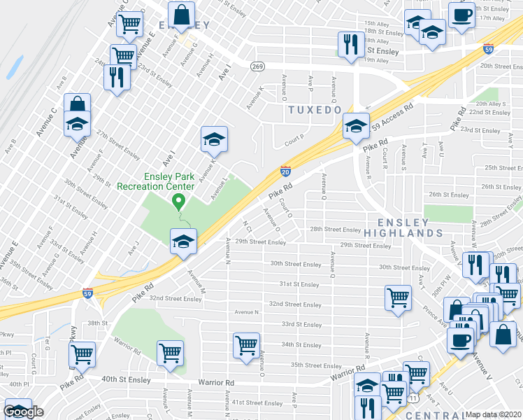 map of restaurants, bars, coffee shops, grocery stores, and more near 1451 Pike Road in Birmingham