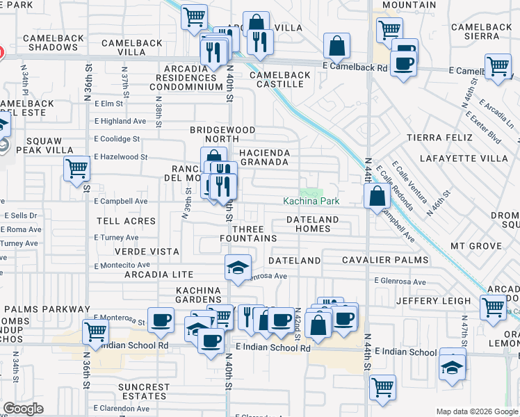 map of restaurants, bars, coffee shops, grocery stores, and more near 4102 East Campbell Avenue in Phoenix