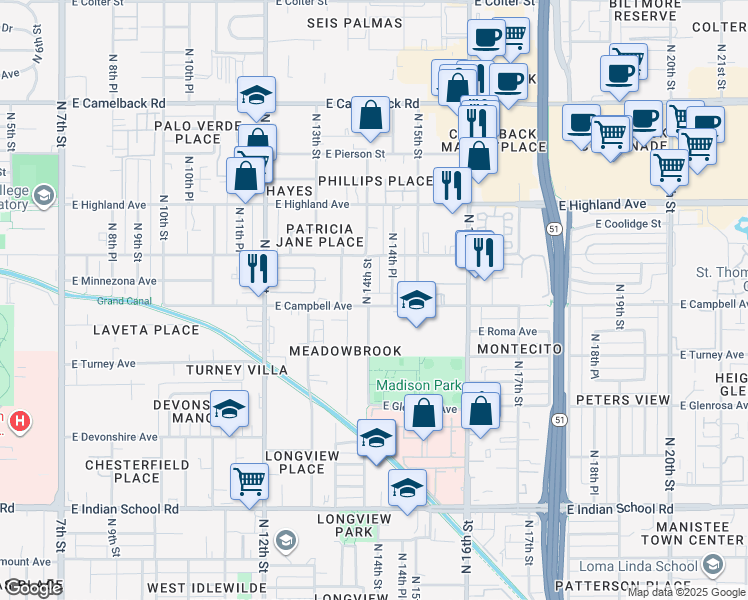map of restaurants, bars, coffee shops, grocery stores, and more near 4503 North 14th Street in Phoenix