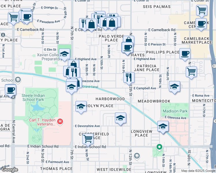 map of restaurants, bars, coffee shops, grocery stores, and more near 1036 East Campbell Avenue in Phoenix