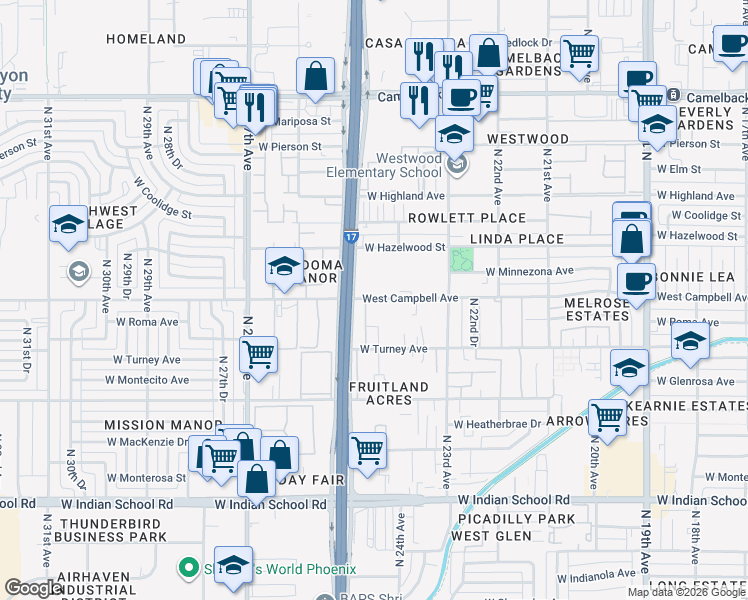 map of restaurants, bars, coffee shops, grocery stores, and more near 2417 West Campbell Avenue in Phoenix
