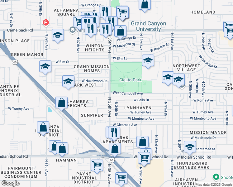 map of restaurants, bars, coffee shops, grocery stores, and more near in Phoenix
