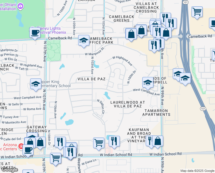 map of restaurants, bars, coffee shops, grocery stores, and more near 10208 West Minnezona Avenue in Phoenix