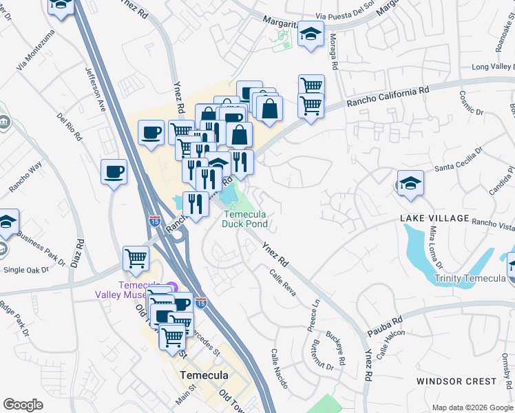 map of restaurants, bars, coffee shops, grocery stores, and more near 43519 West Ventana Street in Temecula