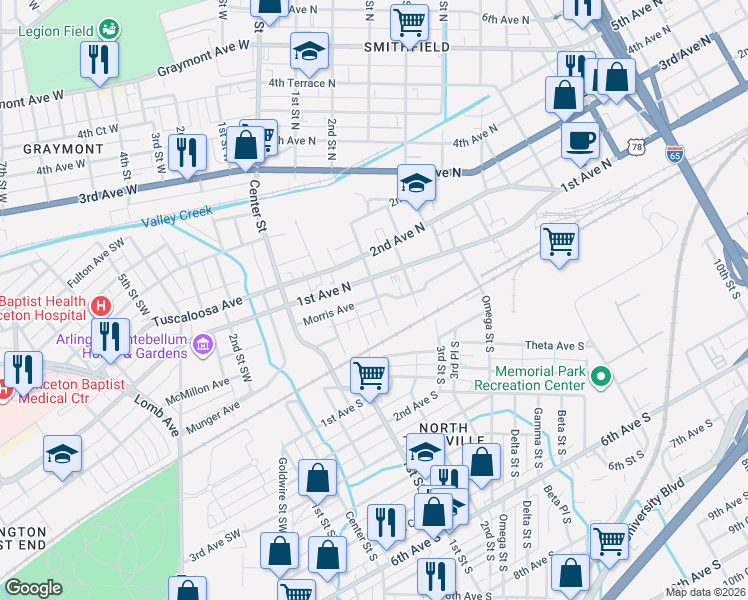 map of restaurants, bars, coffee shops, grocery stores, and more near 133 1st Avenue North in Birmingham