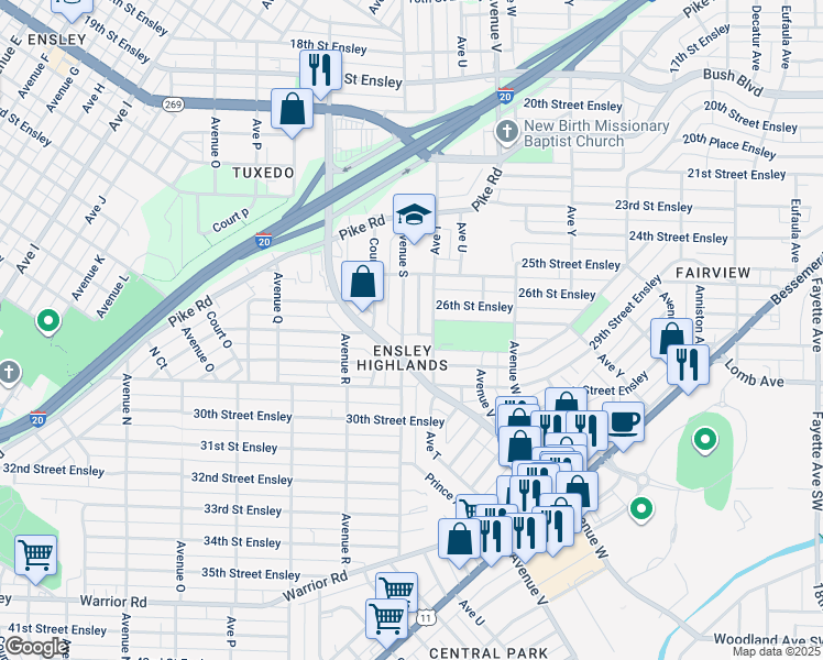 map of restaurants, bars, coffee shops, grocery stores, and more near 2620 Avenue South in Birmingham