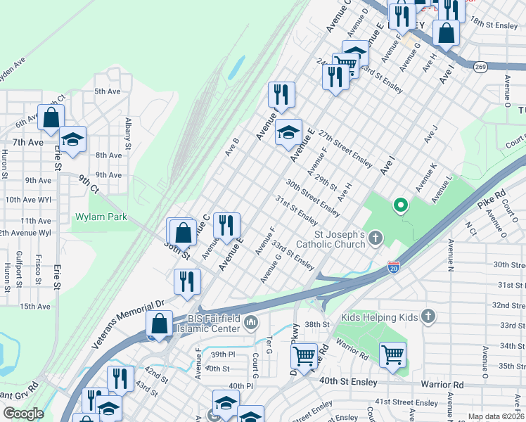 map of restaurants, bars, coffee shops, grocery stores, and more near 3128 Avenue East in Birmingham