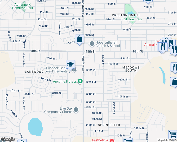 map of restaurants, bars, coffee shops, grocery stores, and more near 10101 Evanston Avenue in Lubbock