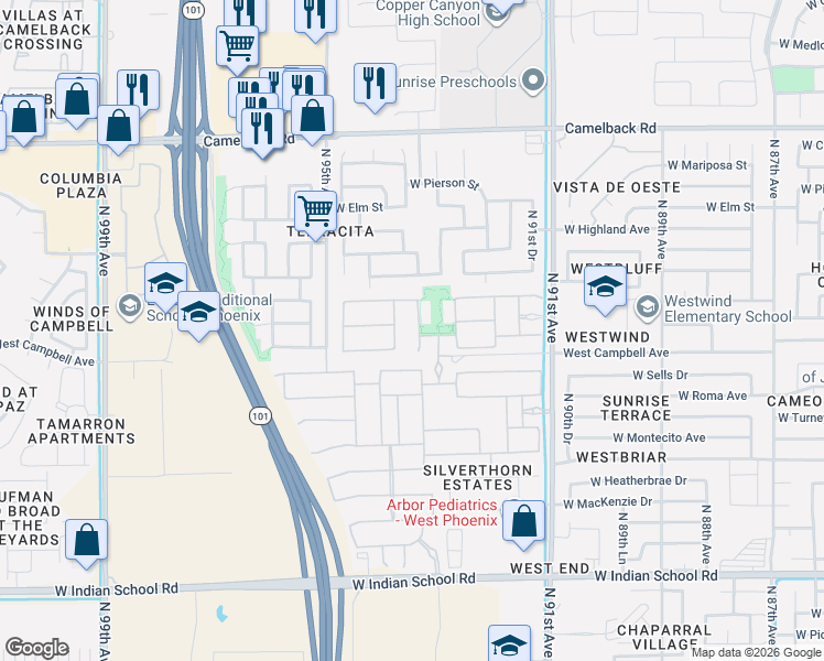 map of restaurants, bars, coffee shops, grocery stores, and more near 4535 North 93rd Drive in Phoenix