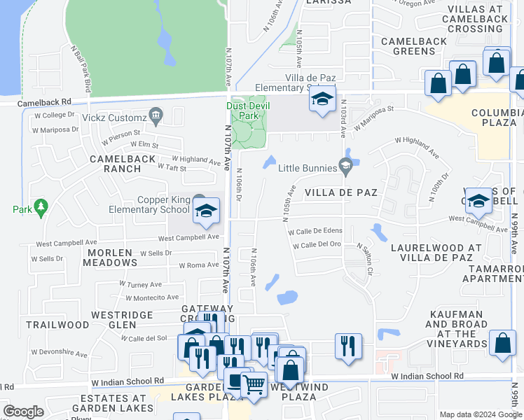 map of restaurants, bars, coffee shops, grocery stores, and more near 4507 North 106th Avenue in Phoenix