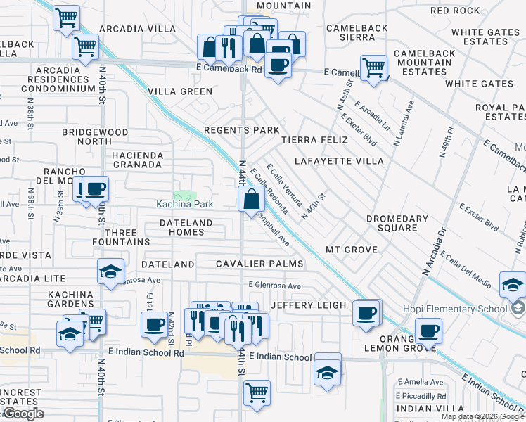 map of restaurants, bars, coffee shops, grocery stores, and more near 4424 East Campbell Avenue in Phoenix