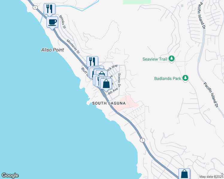 map of restaurants, bars, coffee shops, grocery stores, and more near 31729 Fairview Road in Laguna Beach