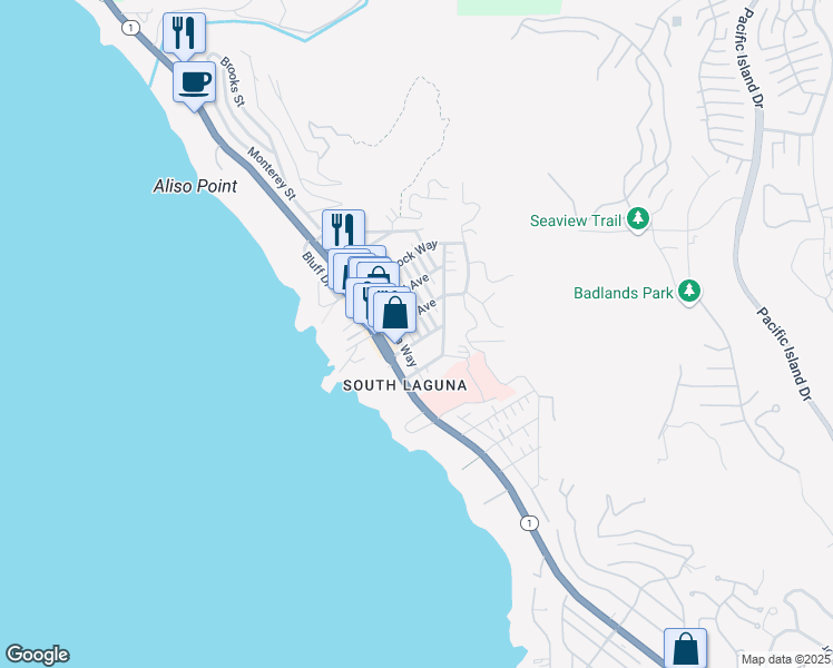 map of restaurants, bars, coffee shops, grocery stores, and more near 31729 Fairview Road in Laguna Beach